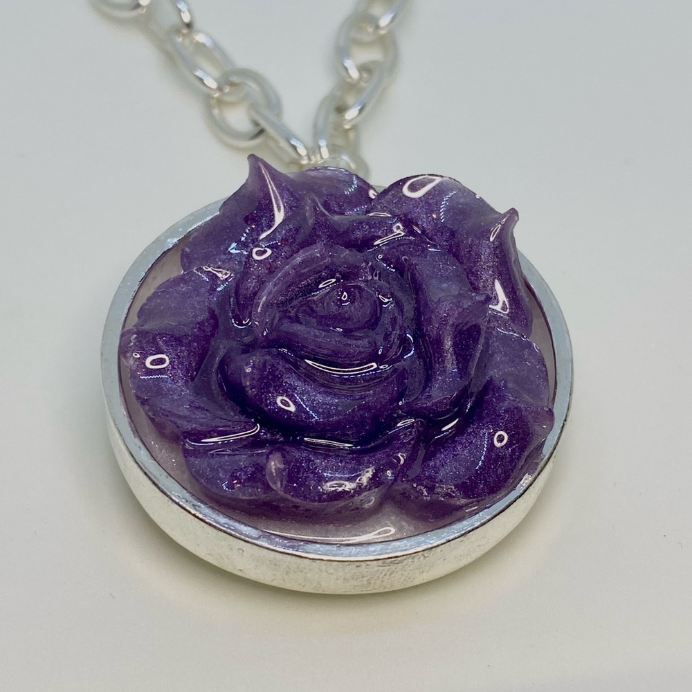 Purple & Silver Rose Pendant (2”) Necklace LOYAL MUSE 19” long
